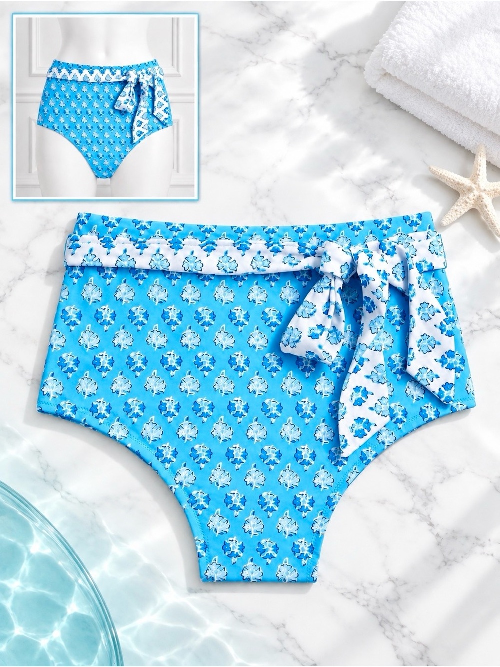 J. Crew Bikini Bottom Mixed-Print High-Waist Belted Front Bow Blue/White Stretch